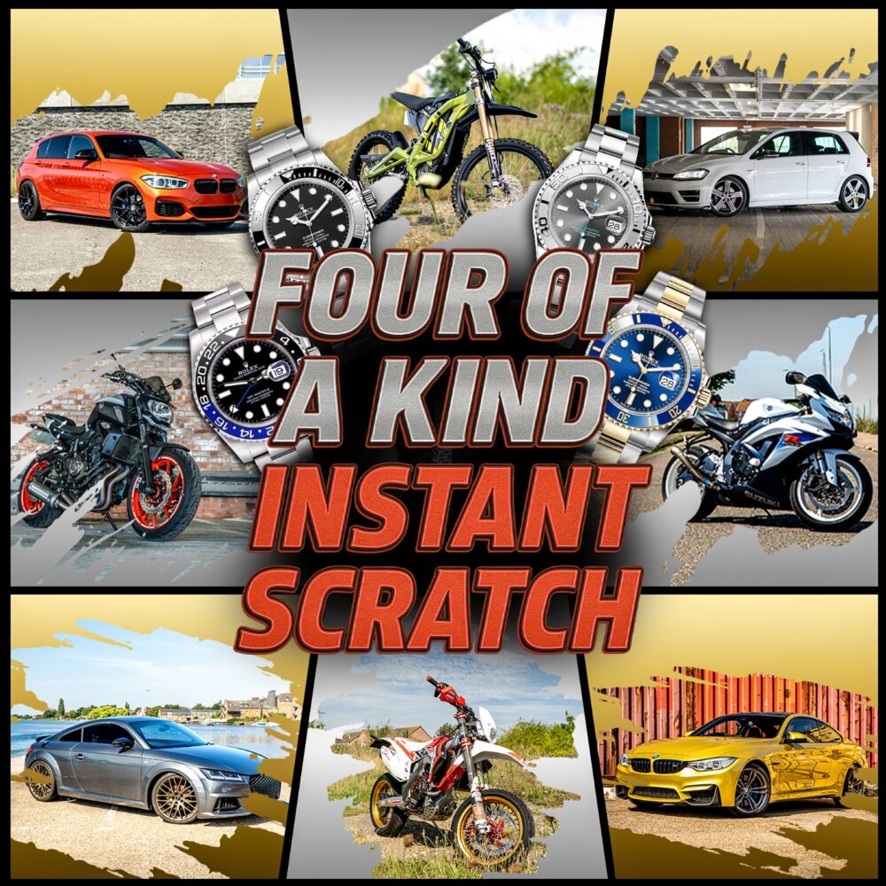 4 OF A KIND INSTANT SCRATCH, CARS, BIKES, ROLEX'S, CASH & TECH + £2,500 END PRIZE!